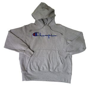 Champion Reverse Weave Hoodie Large Gray Embroidered Script Logo Sweatshirt